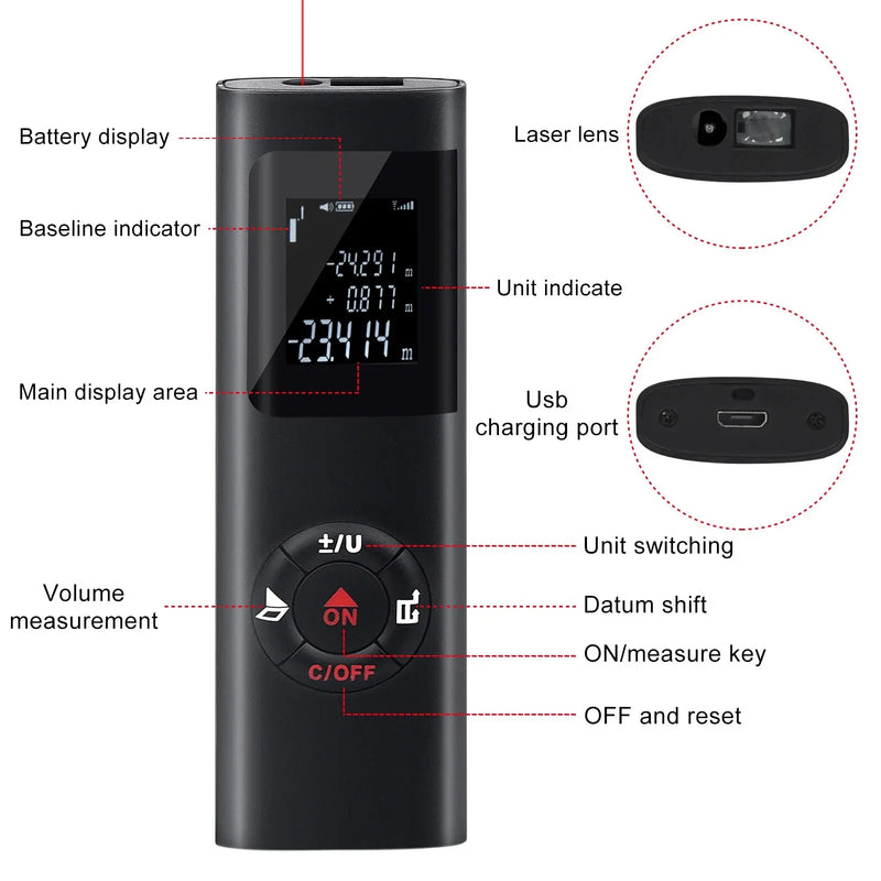 Mini medidor de distância a laser inteligente, 40m/60m, telêmetro infravermelho, usb, recarregável, portátil, ferramentas de telêmetro a laser