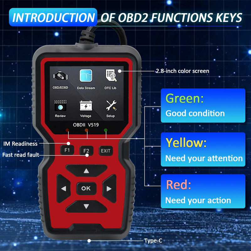 Leitor de código da ferramenta diagnóstica do varredor do carro obd2, varredor do código de falha do motor do verificador da tensão do carro, ferramenta diagnóstica do verificador de carregamento v519