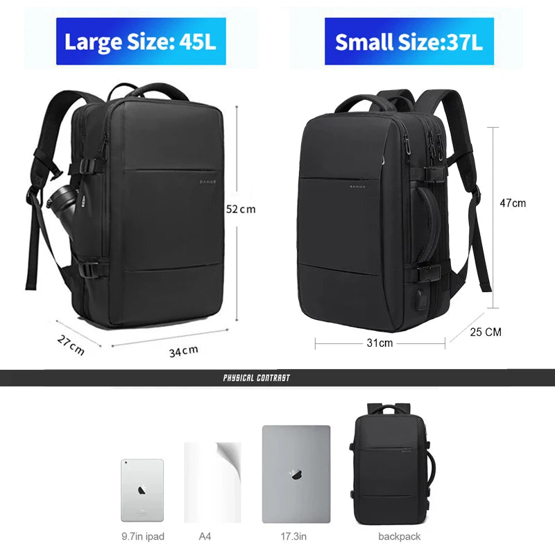 Mochila de viagem BANGE Mochila empresarial masculina Mochila escolar Bolsa USB expansível Grande capacidade 17.3 Laptop Mochila impermeável da moda