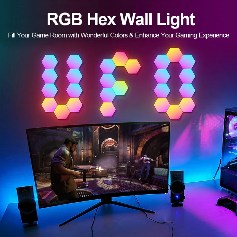 Luminária de parede hexagonal inteligente RGB com mudança de cor, luz noturna ambiente, faça você mesmo, aplicativo de ritmo musical para sala de jogos, quarto inteligente