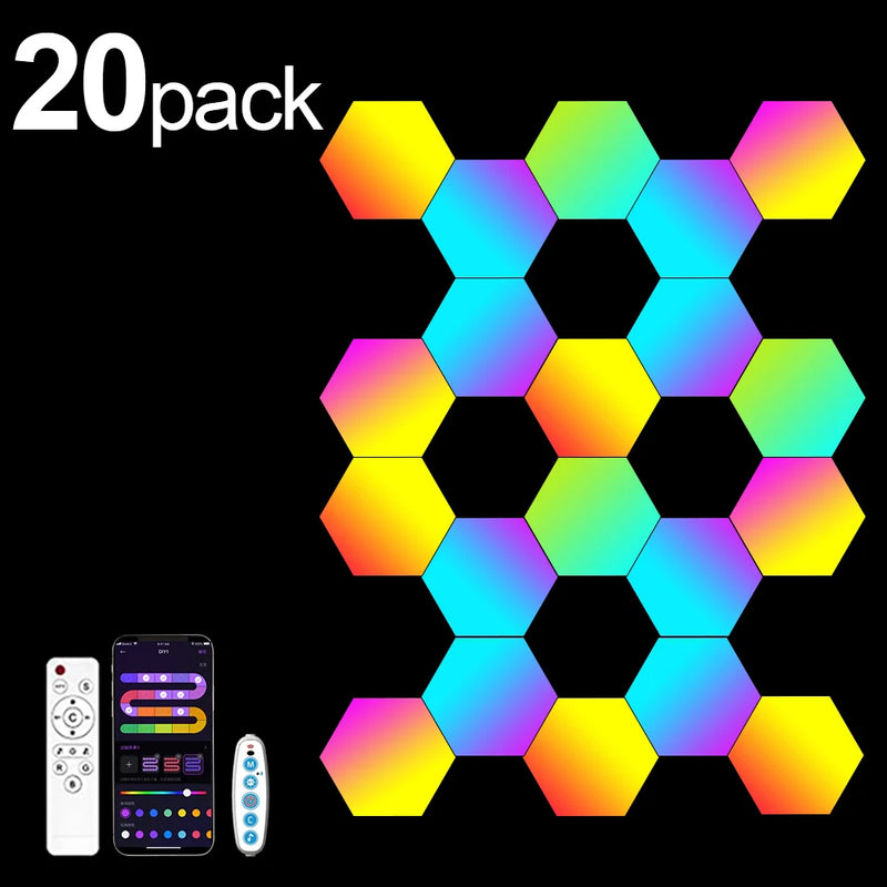 Luminária de parede hexagonal inteligente RGB com mudança de cor, luz noturna ambiente, faça você mesmo, aplicativo de ritmo musical para sala de jogos, quarto inteligente