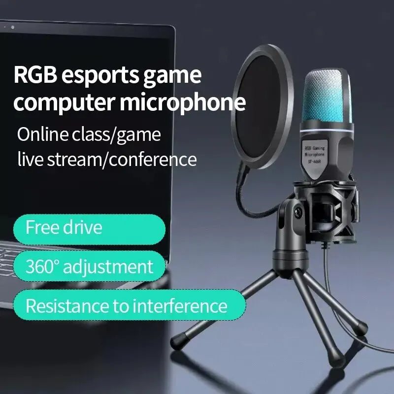 Microfone USB portátil RGB Microfone Condensador Fio Gaming Mic para Podcast Gravação Estúdio Streaming Laptop Desktop