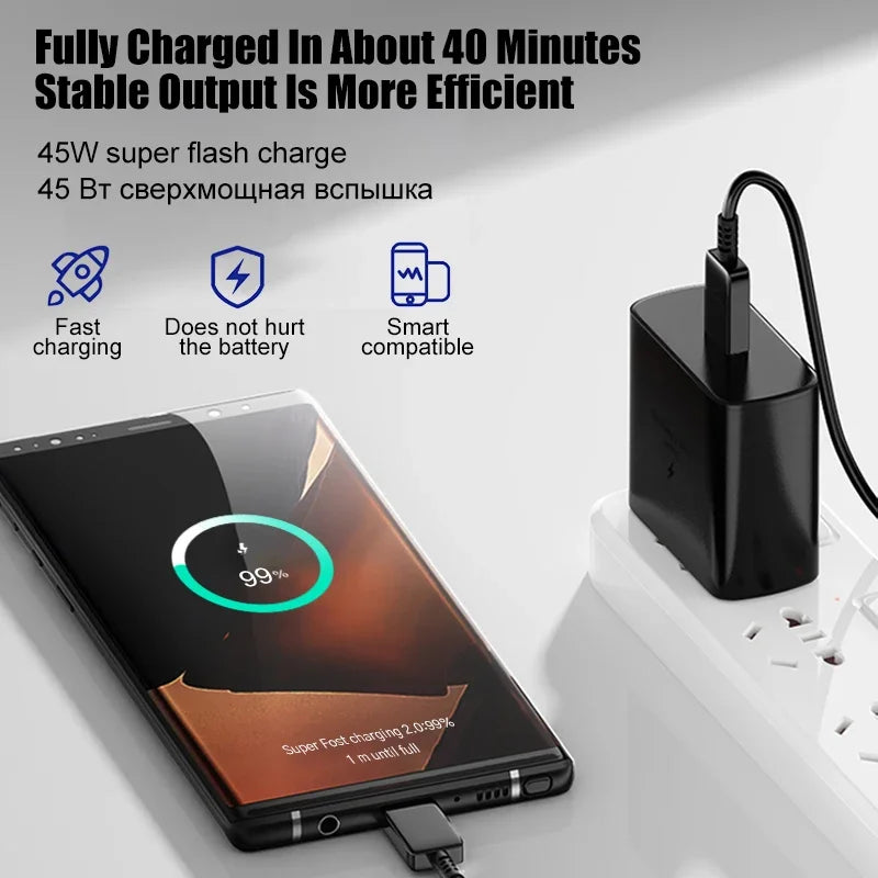 Carregador USB C PD45W para Samsung Galaxy S24 S23 S22 S21 S20 Ultra S10 Plus FE Carregamento super rápido Tipo C Cabo de carregamento Acessórios