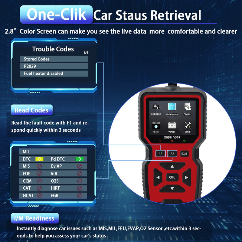 Leitor de código da ferramenta diagnóstica do varredor do carro obd2, varredor do código de falha do motor do verificador da tensão do carro, ferramenta diagnóstica do verificador de carregamento v519