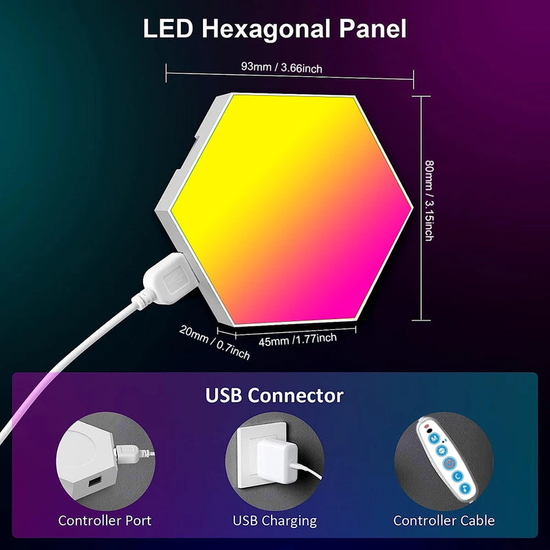 Luminária de parede hexagonal inteligente RGB com mudança de cor, luz noturna ambiente, faça você mesmo, aplicativo de ritmo musical para sala de jogos, quarto inteligente