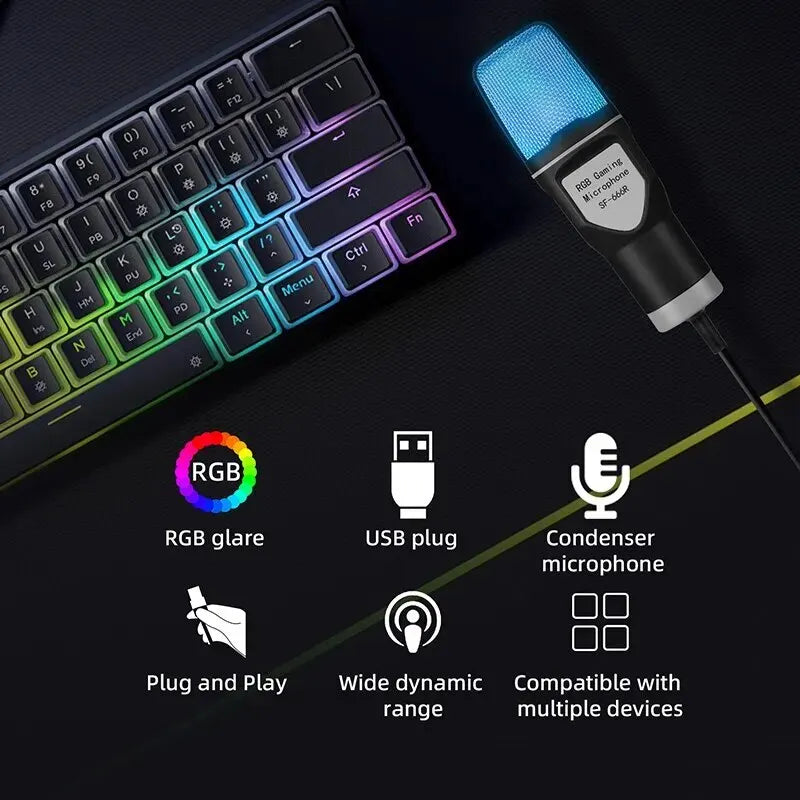 Microfone USB portátil RGB Microfone Condensador Fio Gaming Mic para Podcast Gravação Estúdio Streaming Laptop Desktop