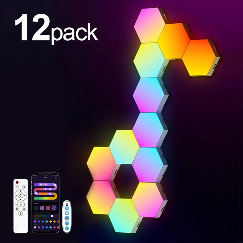 Luminária de parede hexagonal inteligente RGB com mudança de cor, luz noturna ambiente, faça você mesmo, aplicativo de ritmo musical para sala de jogos, quarto inteligente