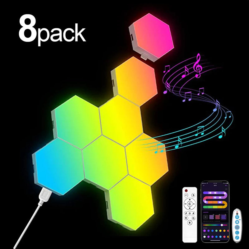 Luminária de parede hexagonal inteligente RGB com mudança de cor, luz noturna ambiente, faça você mesmo, aplicativo de ritmo musical para sala de jogos, quarto inteligente