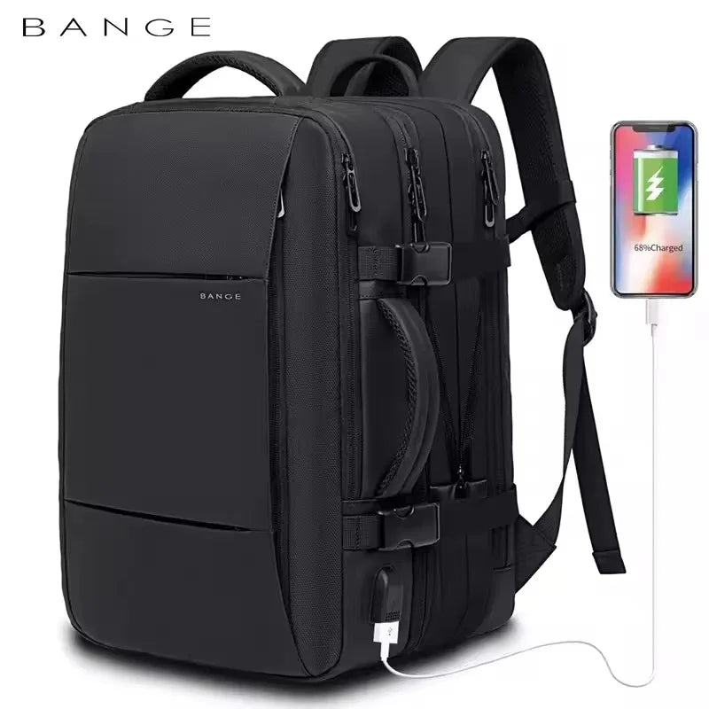 Mochila de viagem BANGE Mochila empresarial masculina Mochila escolar Bolsa USB expansível Grande capacidade 17.3 Laptop Mochila impermeável da moda