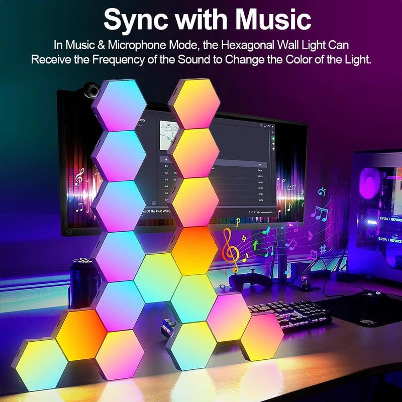 Luminária de parede hexagonal inteligente RGB com mudança de cor, luz noturna ambiente, faça você mesmo, aplicativo de ritmo musical para sala de jogos, quarto inteligente