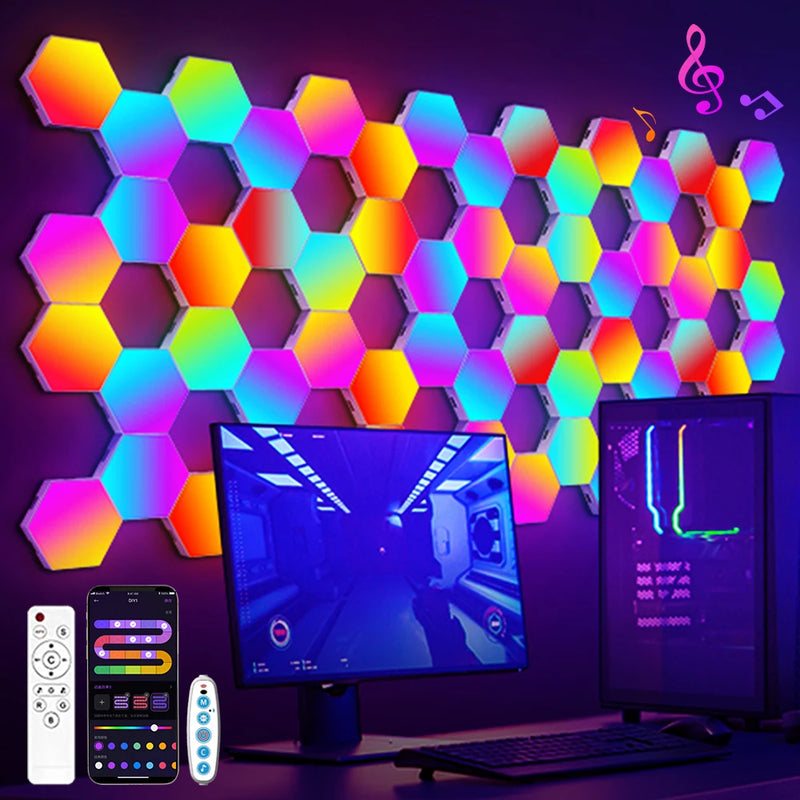 Luminária de parede hexagonal inteligente RGB com mudança de cor, luz noturna ambiente, faça você mesmo, aplicativo de ritmo musical para sala de jogos, quarto inteligente